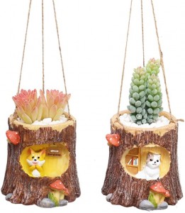 Vintage Succulent Planter with Faux Succulents Resin Cartoon Style Hanging Flower Pot Cactus Container Decorative Home Garden Planter (Cat+Dog)